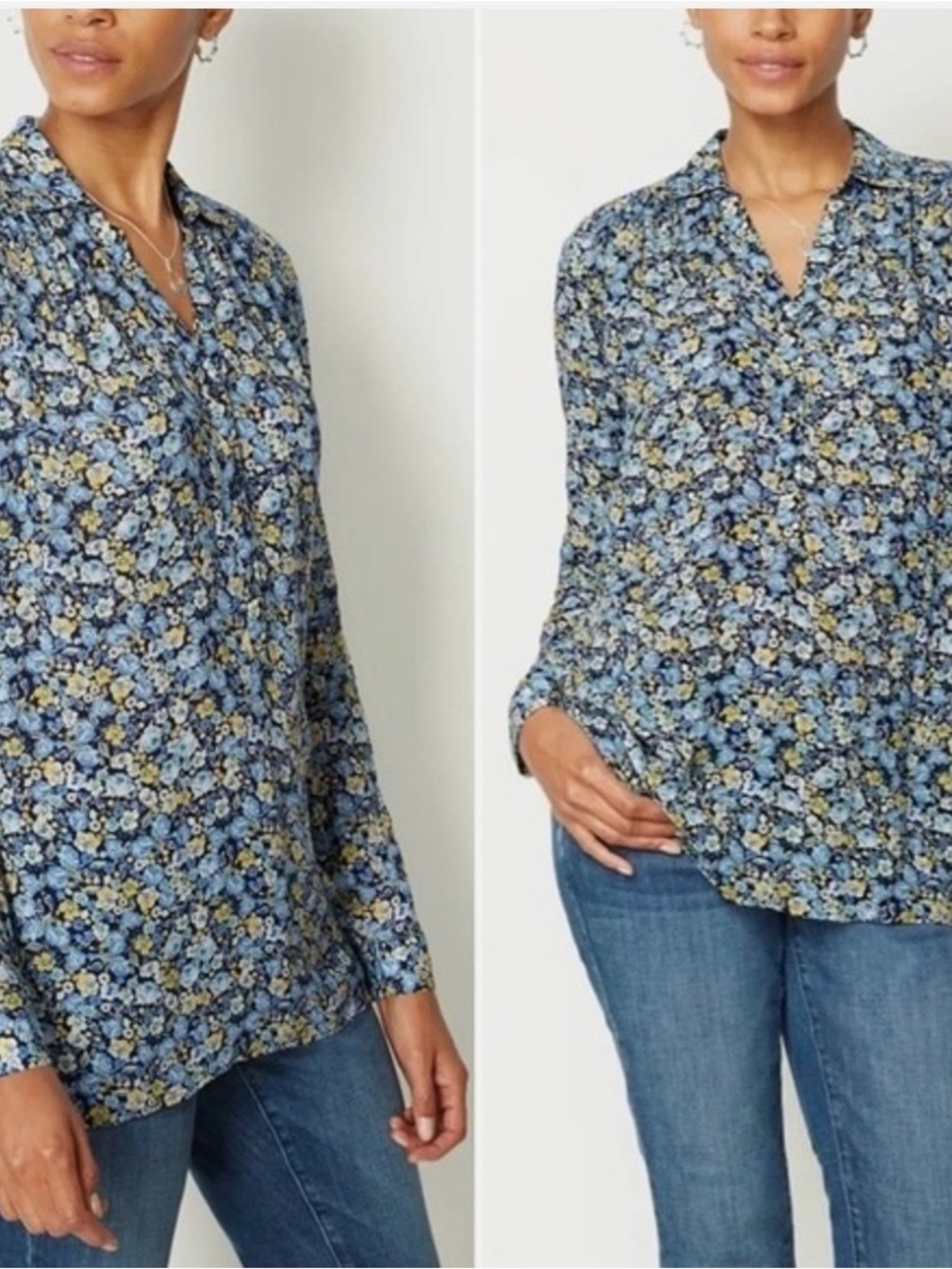 J. Jill Blue Floral V-Neck Long-Sleeve Blouse XL